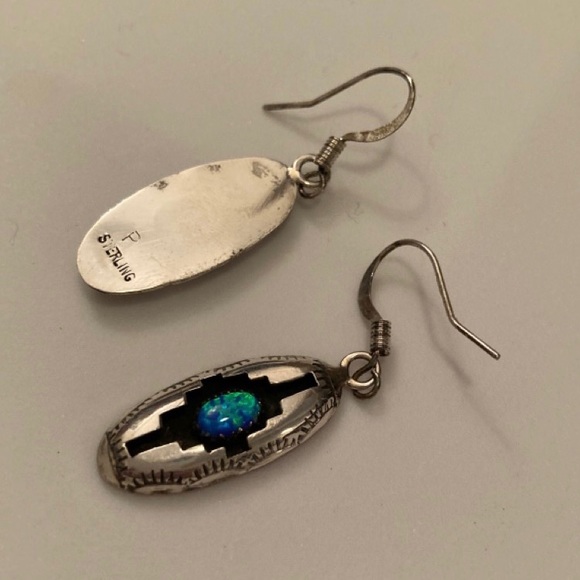 Navajo Handmade Sterling Silver Earrings w Opal - Picture 3 of 7